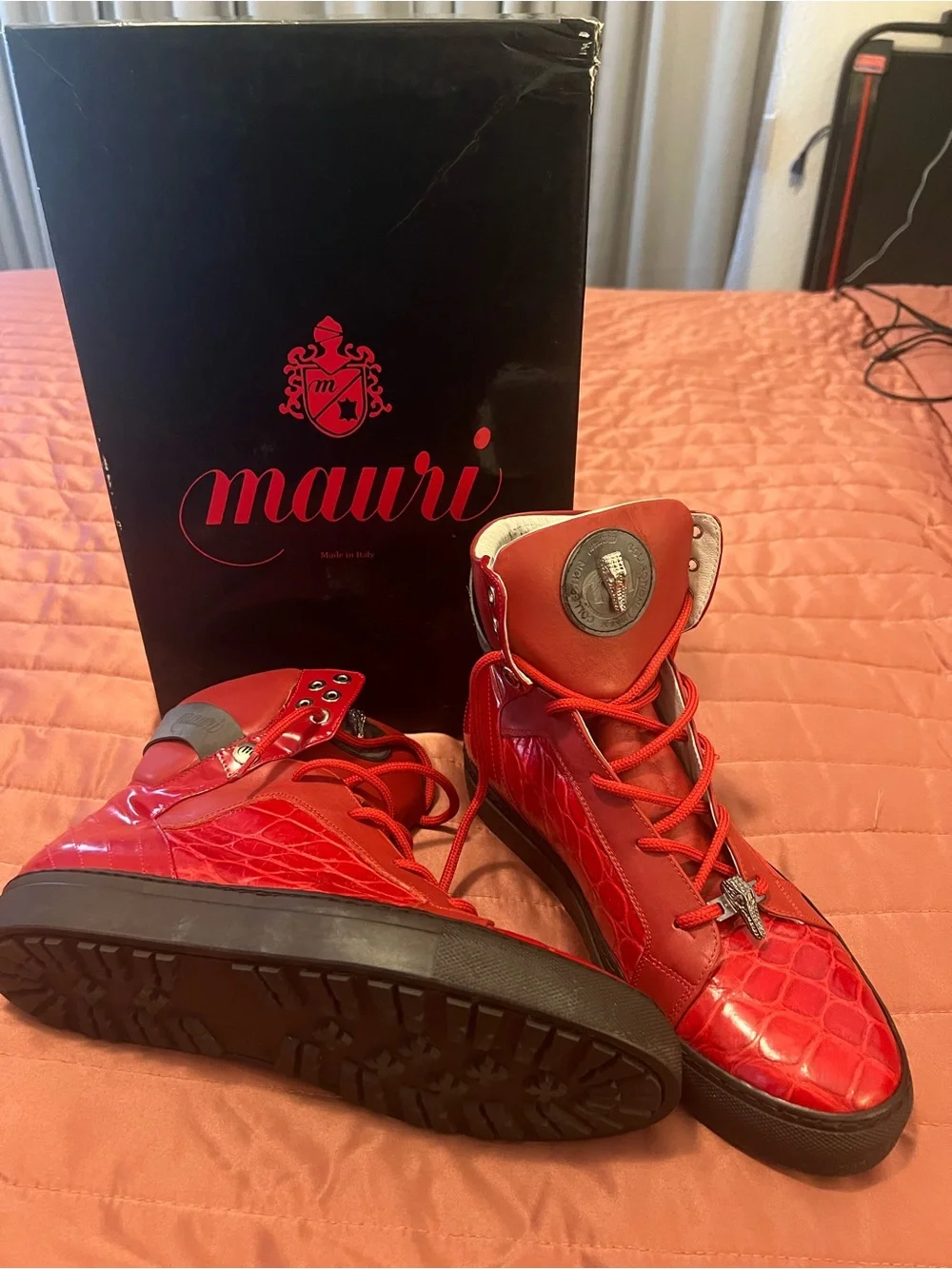 Mauri Red Croc-Embossed Leather High-Tops with Medallion - New